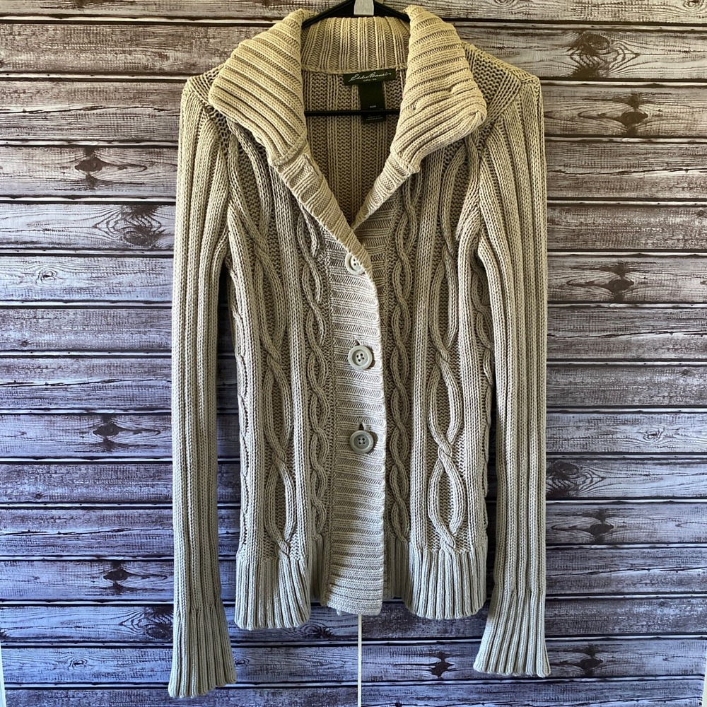 Eddie Bauer Women's‎ Long-Sleeved Button-Down Cardigan Size M Beige Chunky